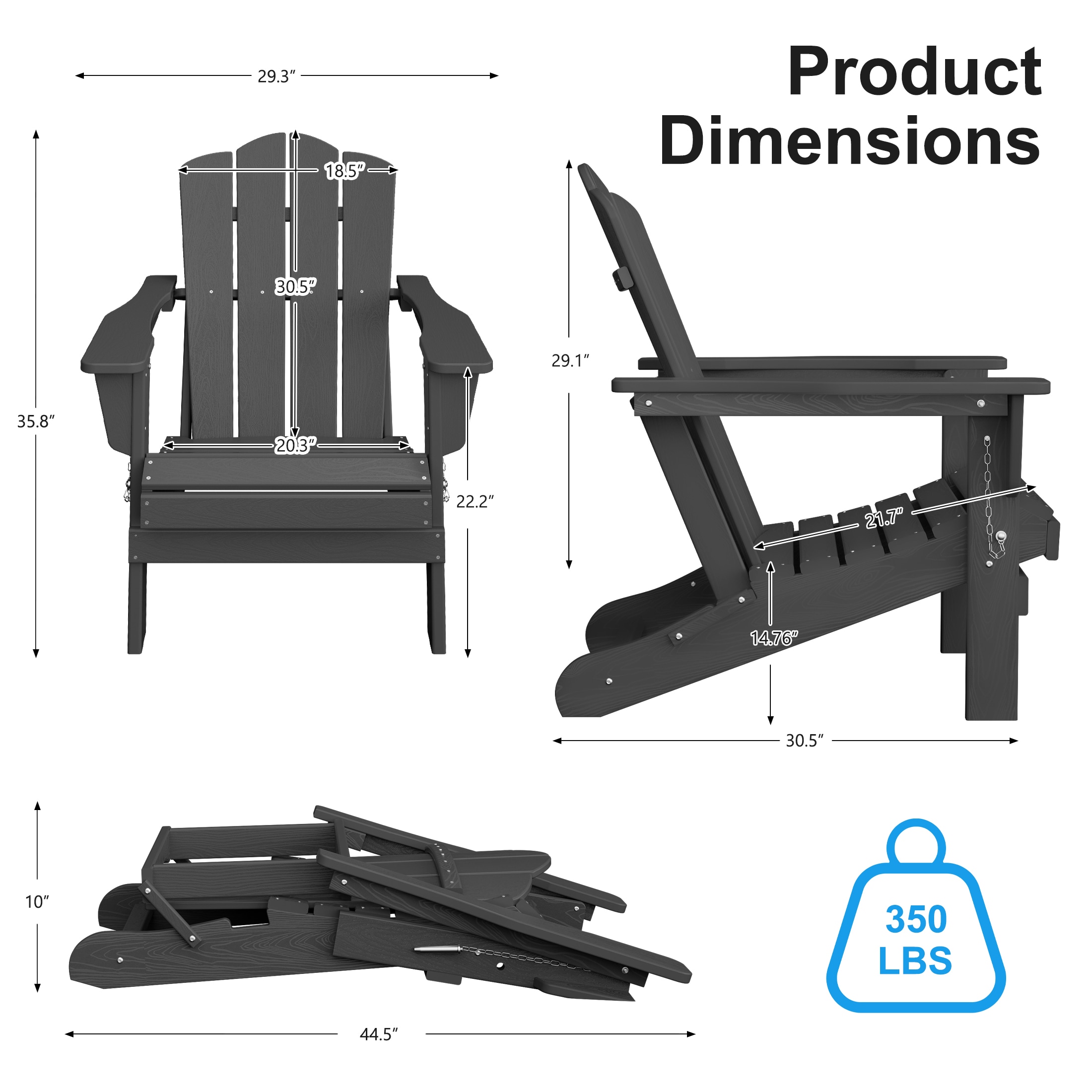 JEAREY HDPE Folding Adirondack Chair Set of 4 Set of 4 Stackable Gray HDPE Frame Stationary Adirondack Chair with Slat Seat
