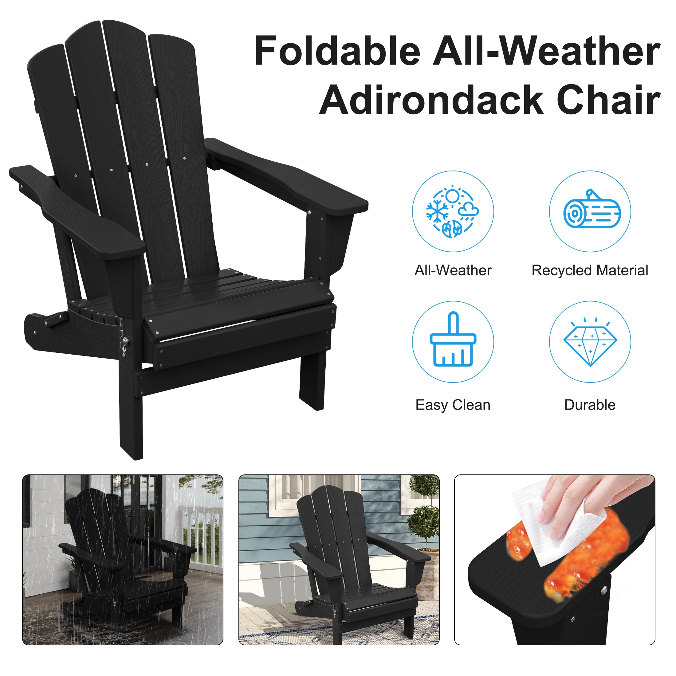JEAREY HDPE Folding Adirondack Chair Set of 4 Set of 4 Stackable Black HDPE Frame Stationary Adirondack Chair with Slat Seat