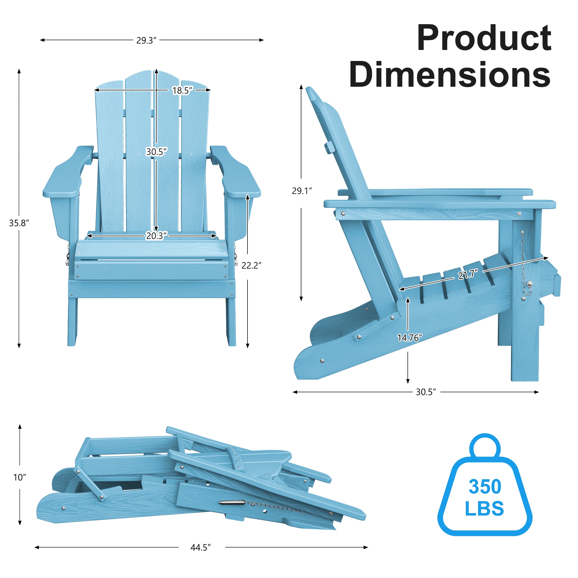 JEAREY HDPE Folding Adirondack Chair Set of 4 Set of 4 Stackable Light Blue HDPE Frame Stationary Adirondack Chair with Slat Seat