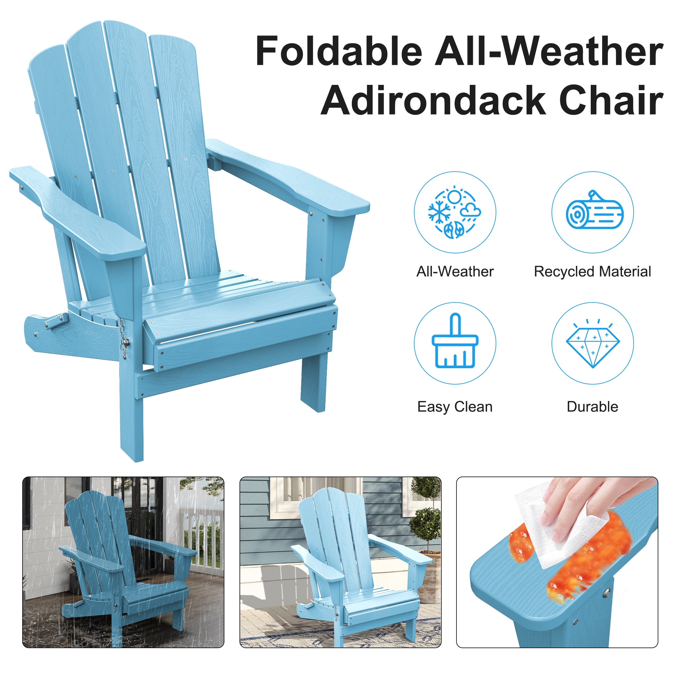JEAREY HDPE Folding Adirondack Chair Set of 4 Set of 4 Stackable Light Blue HDPE Frame Stationary Adirondack Chair with Slat Seat