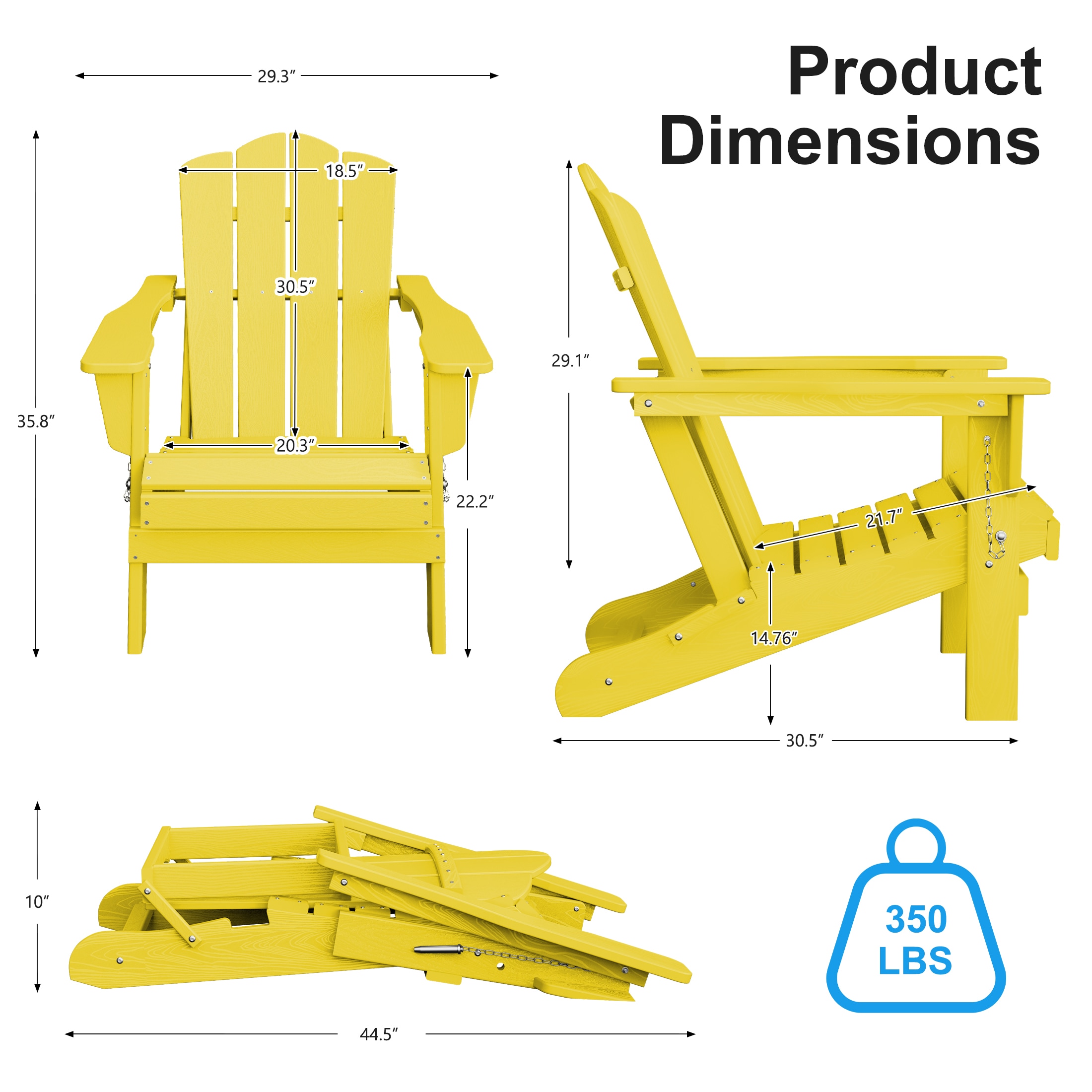 JEAREY HDPE Folding Adirondack Chair Set of 4 Set of 4 Stackable Yellow HDPE Frame Stationary Adirondack Chair with Slat Seat