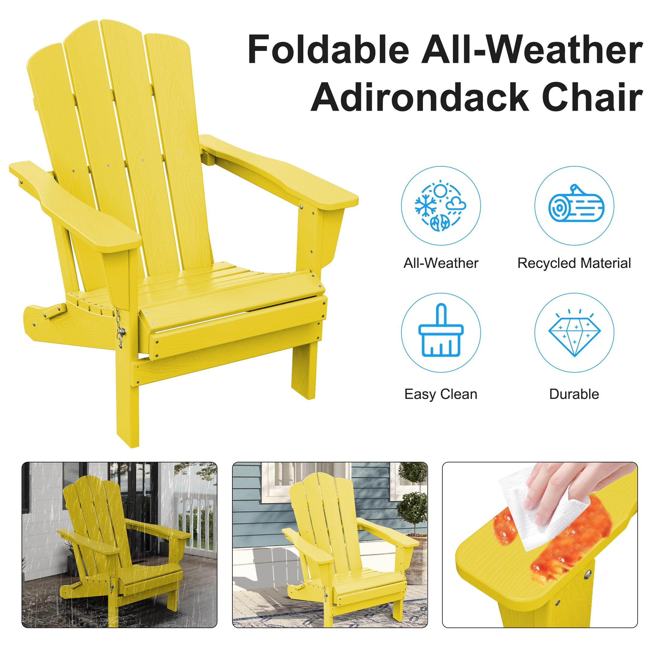 JEAREY HDPE Folding Adirondack Chair Set of 4 Set of 4 Stackable Yellow HDPE Frame Stationary Adirondack Chair with Slat Seat