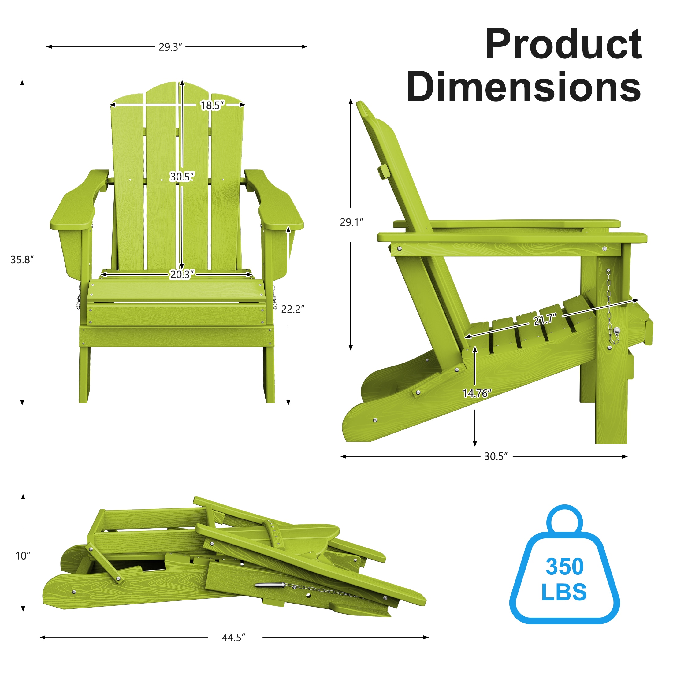 JEAREY HDPE Folding Adirondack Chair Set of 4 Set of 4 Stackable Apple Green HDPE Frame Stationary Adirondack Chair with Slat Seat