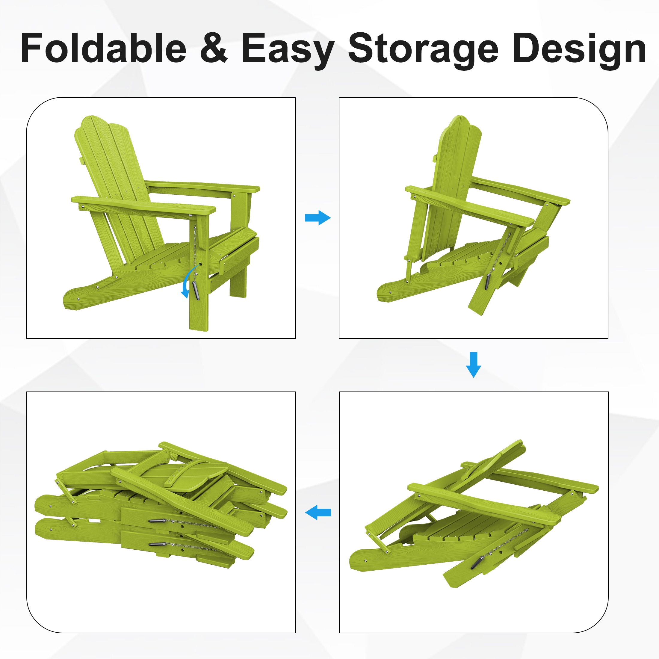 JEAREY HDPE Folding Adirondack Chair Set of 4 Set of 4 Stackable Apple Green HDPE Frame Stationary Adirondack Chair with Slat Seat