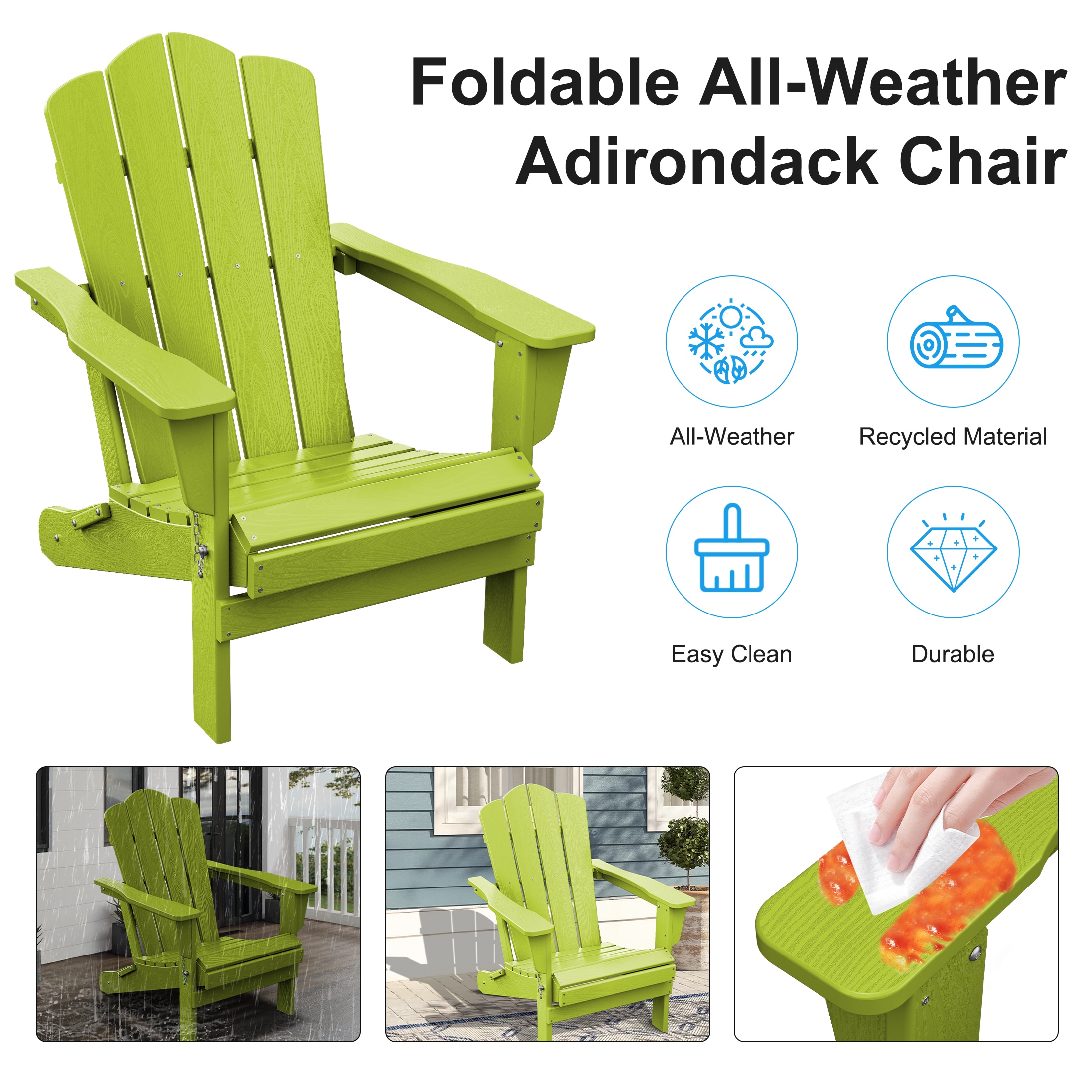 JEAREY HDPE Folding Adirondack Chair Set of 4 Set of 4 Stackable Apple Green HDPE Frame Stationary Adirondack Chair with Slat Seat