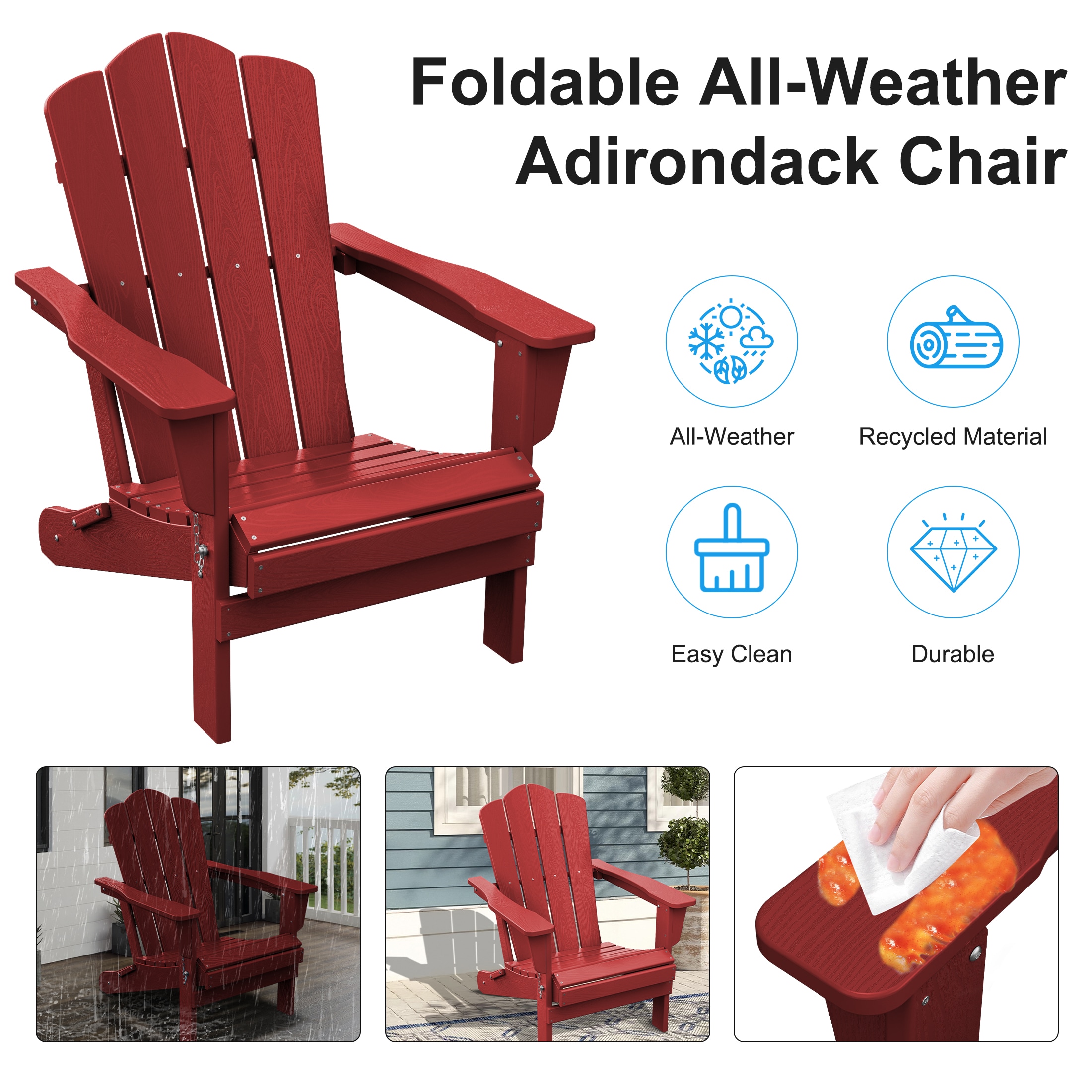 JEAREY HDPE Folding Adirondack Chair Set of 4 Set of 4 Stackable Dark Red HDPE Frame Stationary Adirondack Chair with Slat Seat