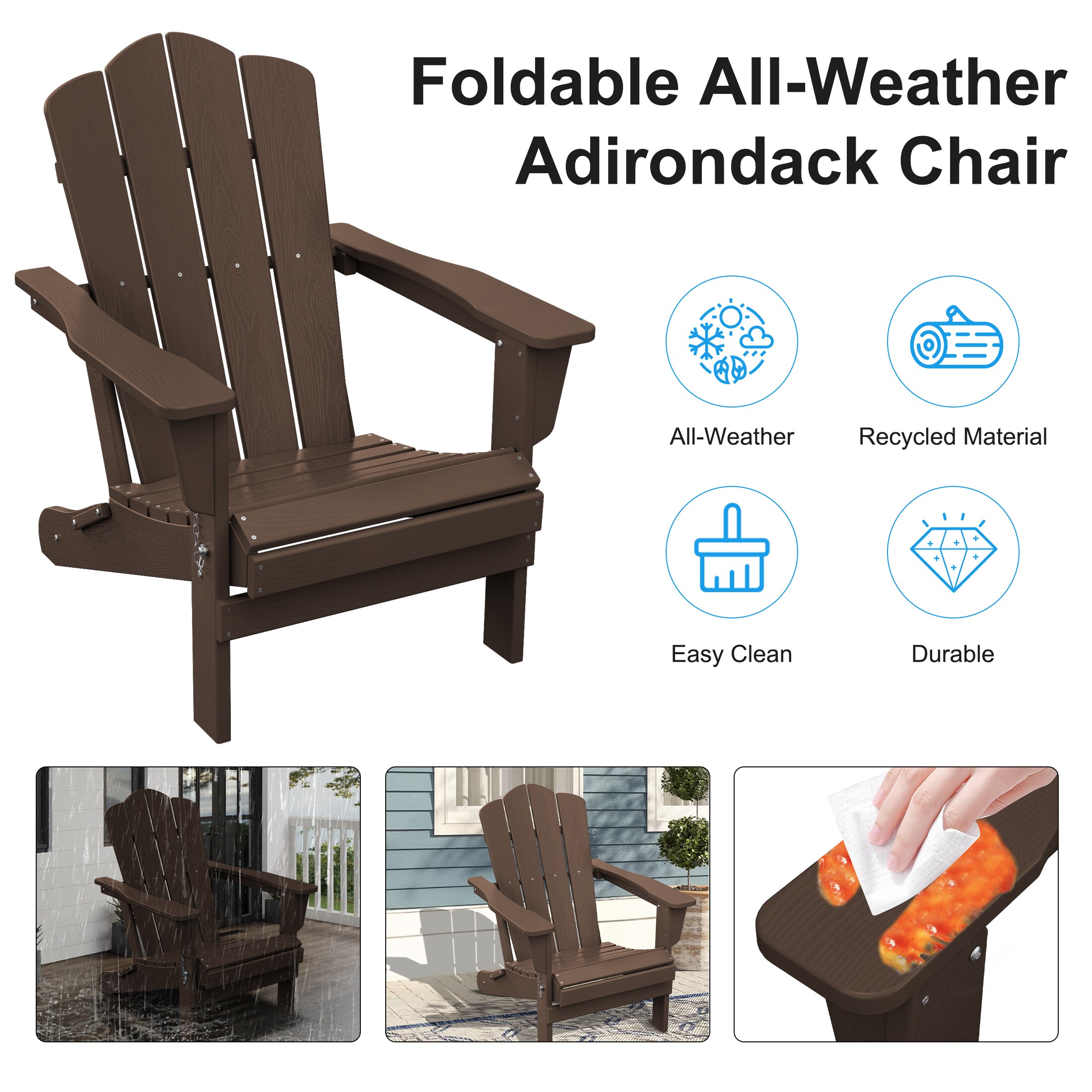 JEAREY HDPE Folding Adirondack Chair Set of 4 Set of 4 Stackable Coffee HDPE Frame Stationary Adirondack Chair with Slat Seat
