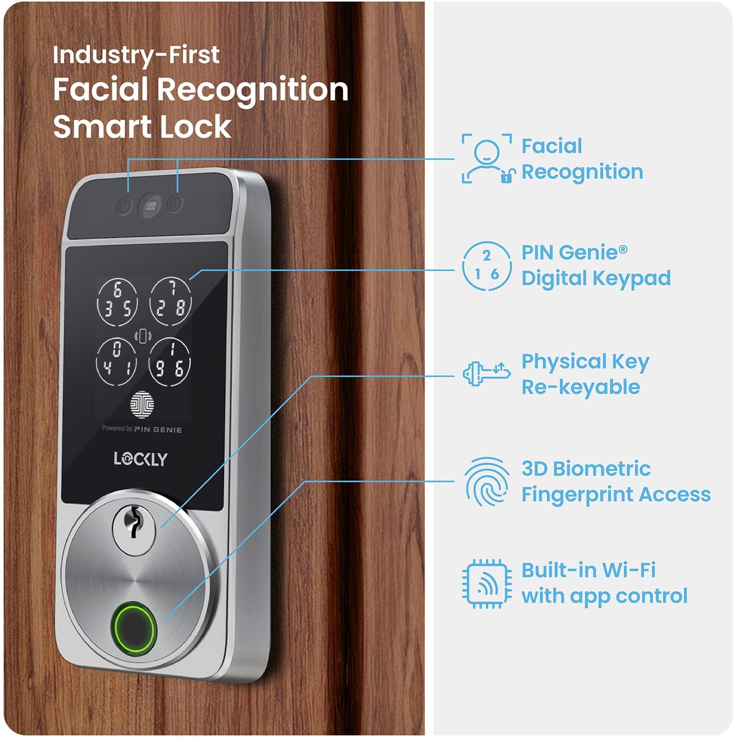 Lockly Visage Zeno Series Smart Lock, Facial Recognition & Fingerprint Keyless Entry Door Lock, Built-in Wi-Fi Deadbolt, Satin Nickle