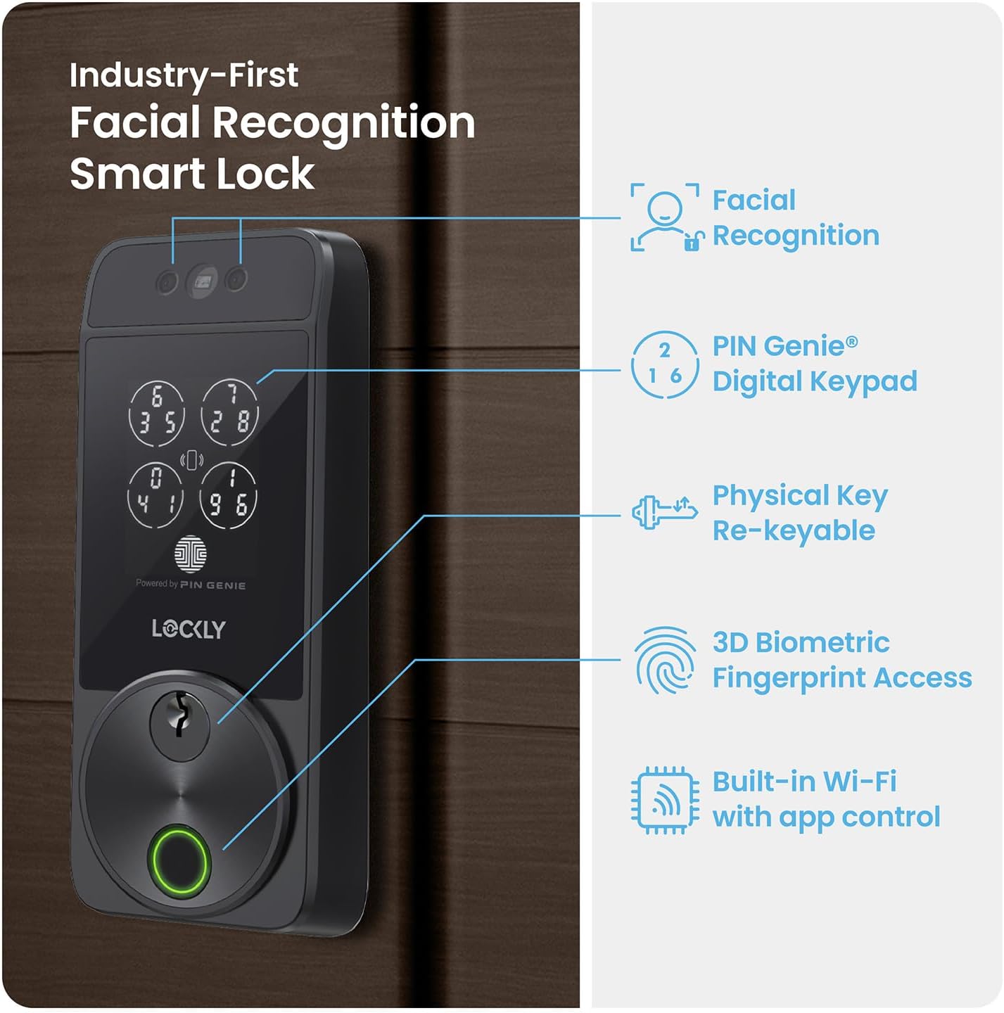Lockly Visage Zeno Series Smart Lock, Facial Recognition & Fingerprint Keyless Entry Door Lock, Built-in Wi-Fi Deadbolt, Matte Black