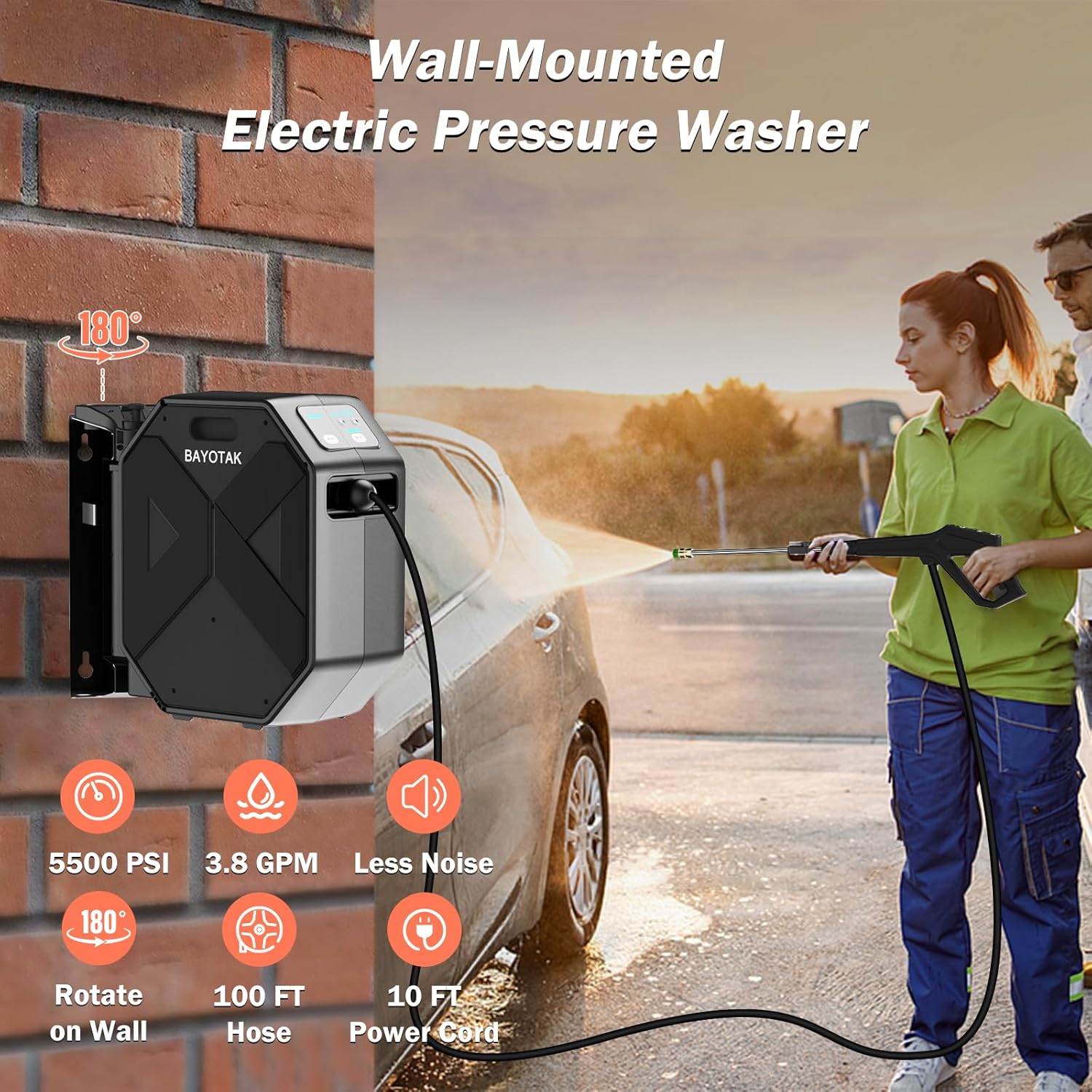 Electric Pressure Washer, 5500 PSI 3.8 GPM Wall Mounted Power Washer, 100 FT Retractable Hose