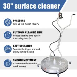 JANZ 30'' Pressure Washer Surface Cleaner with 4 Wheels,Dual Handle,Stainless Steel Housing, 2 Hose Adapters and 4 Replacement Nozzle Cores