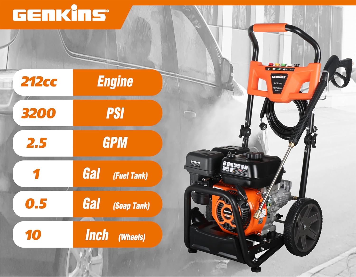 Genkins GPW3200 Gas Powered Foldable Pressure Washer 3200 PSI and 2.5 GPM, Soap Tank and Five Nozzle Set