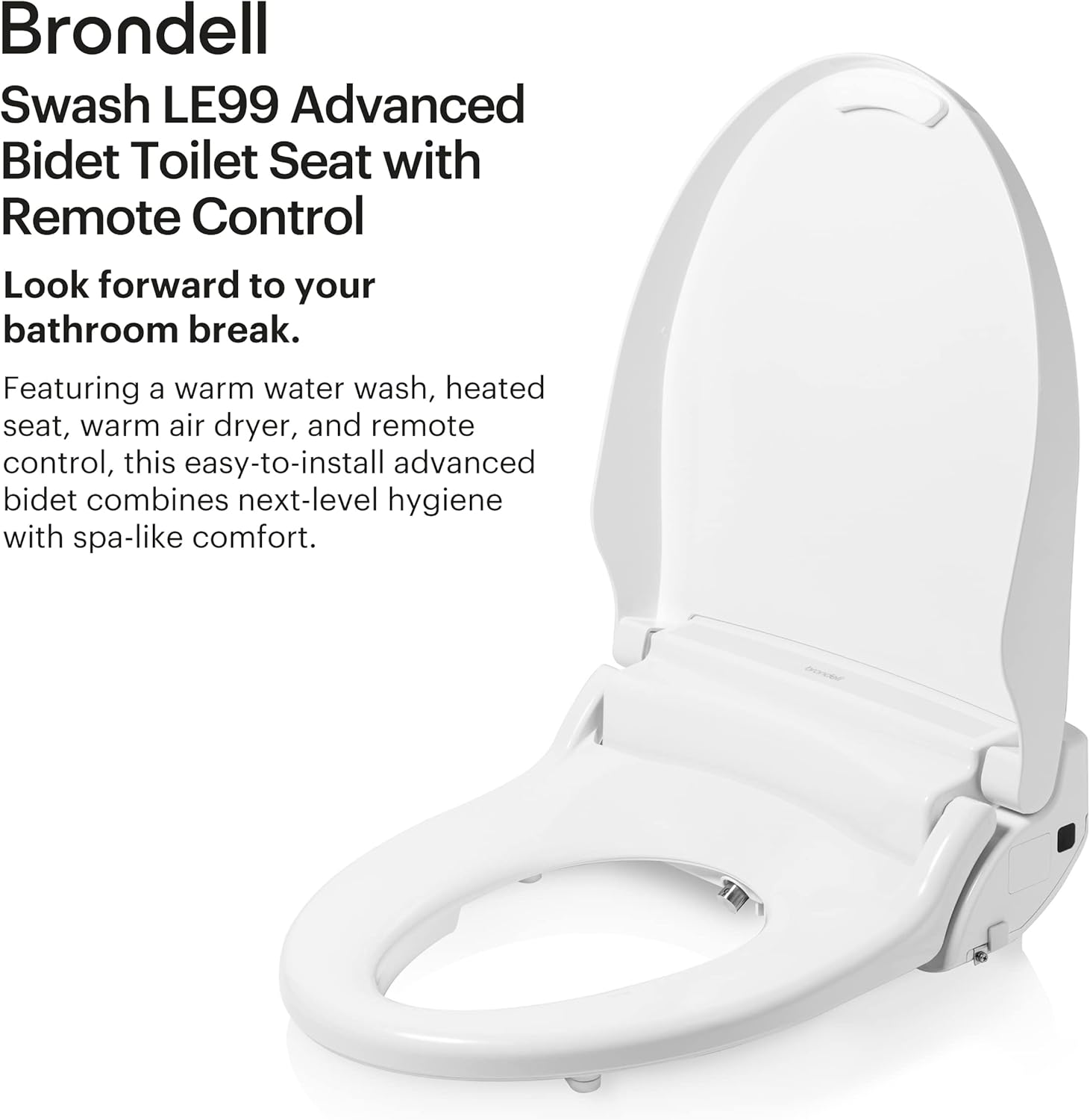 Brondell LE99 Bidet Toilet Seat, Fits Round Toilets, Electric Bidet with Remote, Warm Air Dryer, Strong Wash Mode, Stainless-Steel Nozzle, Round