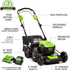 Greenworks 40V 21" Brushless Cordless (Self-Propelled) Lawn Mower (75+ Compatible Tools), 5.0Ah Battery and Charger Included