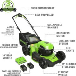 Greenworks 48V (2 x 24V) 21" Brushless Cordless (Self-Propelled) Lawn Mower (LED Headlight), (2) 5.0Ah Batteries and Dual Port Rapid Charger Included (125+ Compatible Tools)