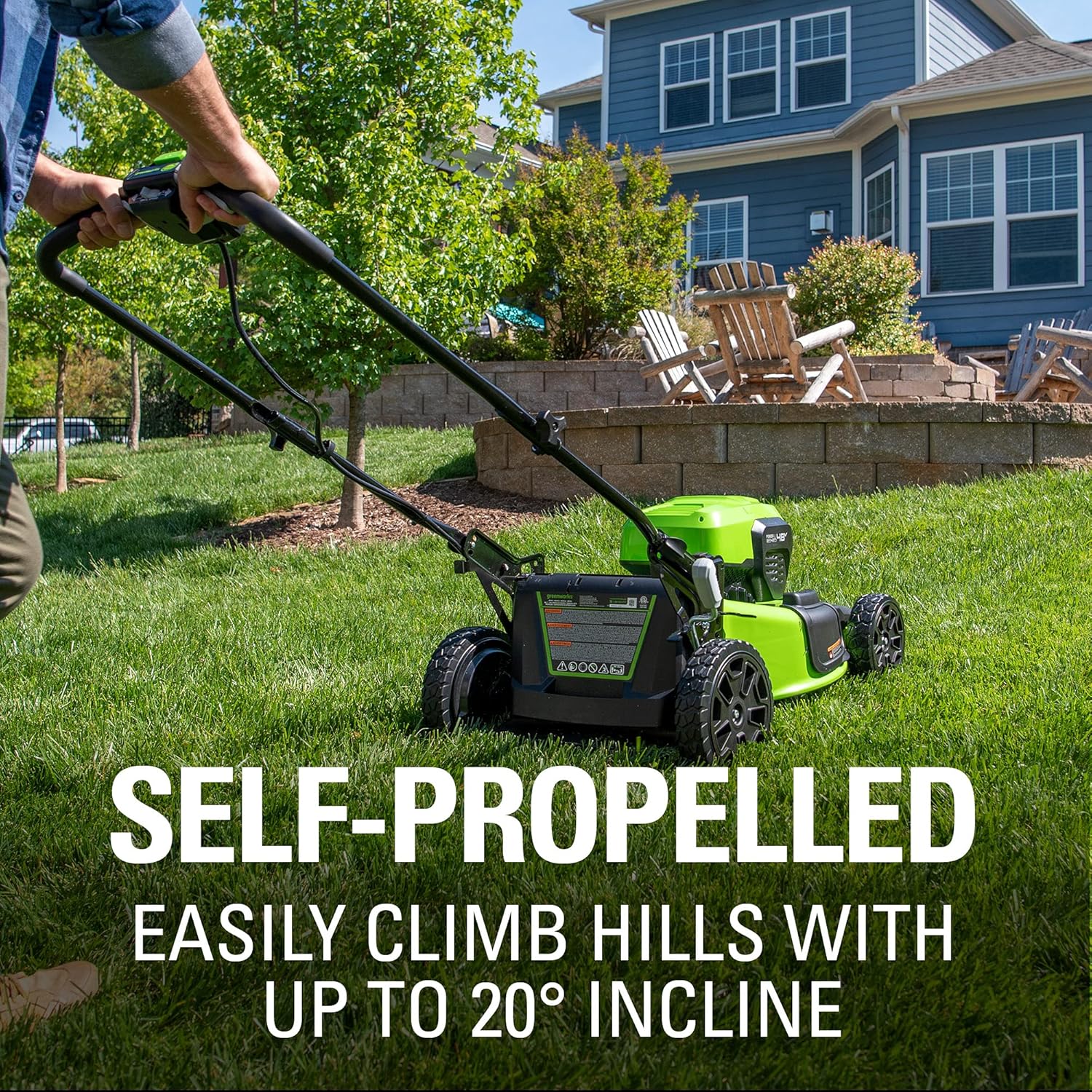 Greenworks 48V (2 x 24V) 21" Brushless Cordless (Self-Propelled) Lawn Mower (LED Headlight), (2) 5.0Ah Batteries and Dual Port Rapid Charger Included (125+ Compatible Tools)