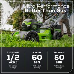 Greenworks 60V 21” Cordless (Push) Lawn Mower (LED Lights + Aluminum Handles), 5.0Ah Battery and Rapid Charger
