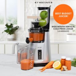 Omega Wide Mouth Juicer Compact Vertical Cold Press Vegetable and Fruit Juice Extractor, Black