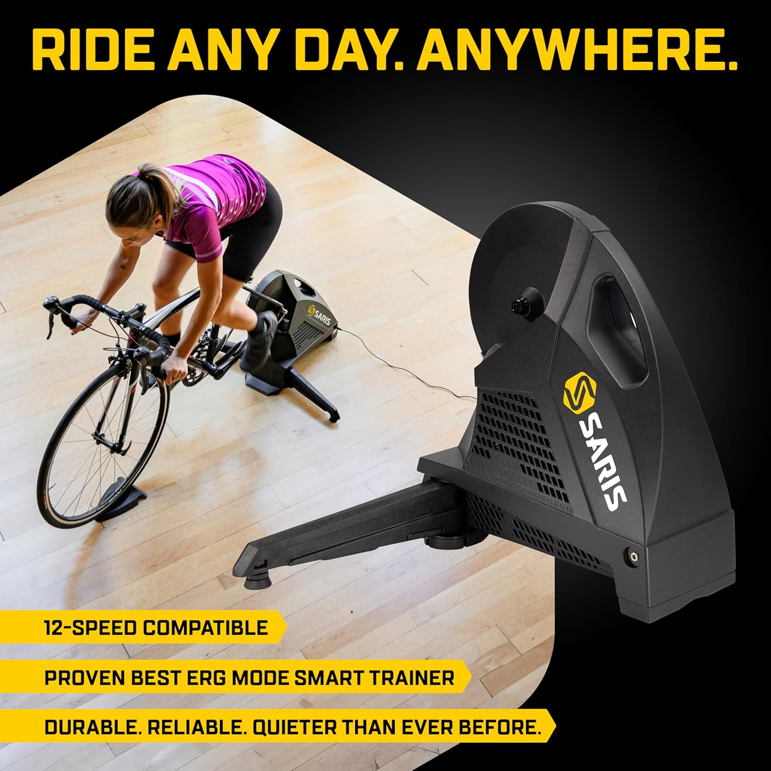 Saris - H3 Series Smart Indoor Bike Trainer, Quietest Ever at 59 dB, Compatible with 12-Speed Drivetrains, Includes Virtual Training App Subscription