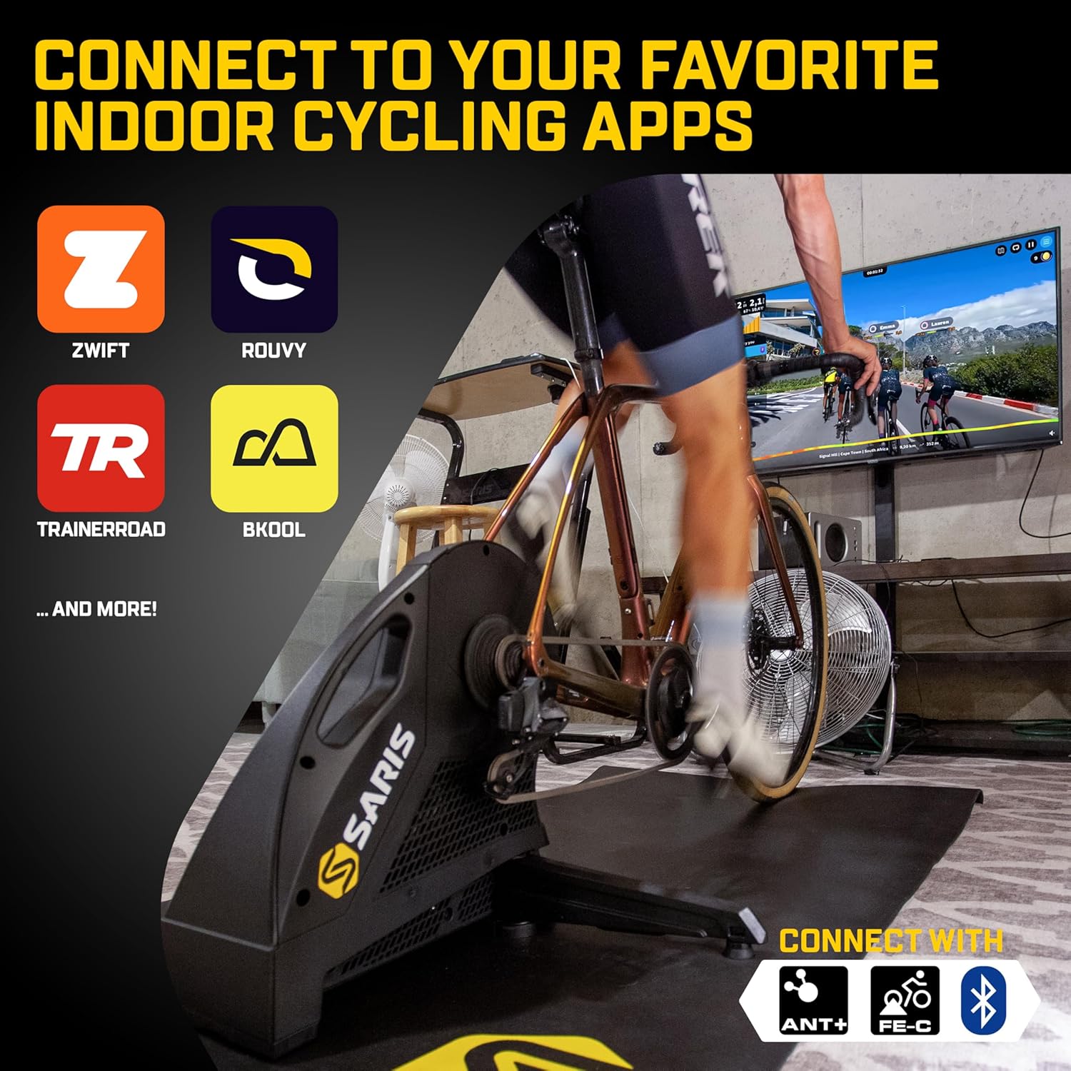 Saris - H3 Series Smart Indoor Bike Trainer, Quietest Ever at 59 dB, Compatible with 12-Speed Drivetrains, Includes Virtual Training App Subscription