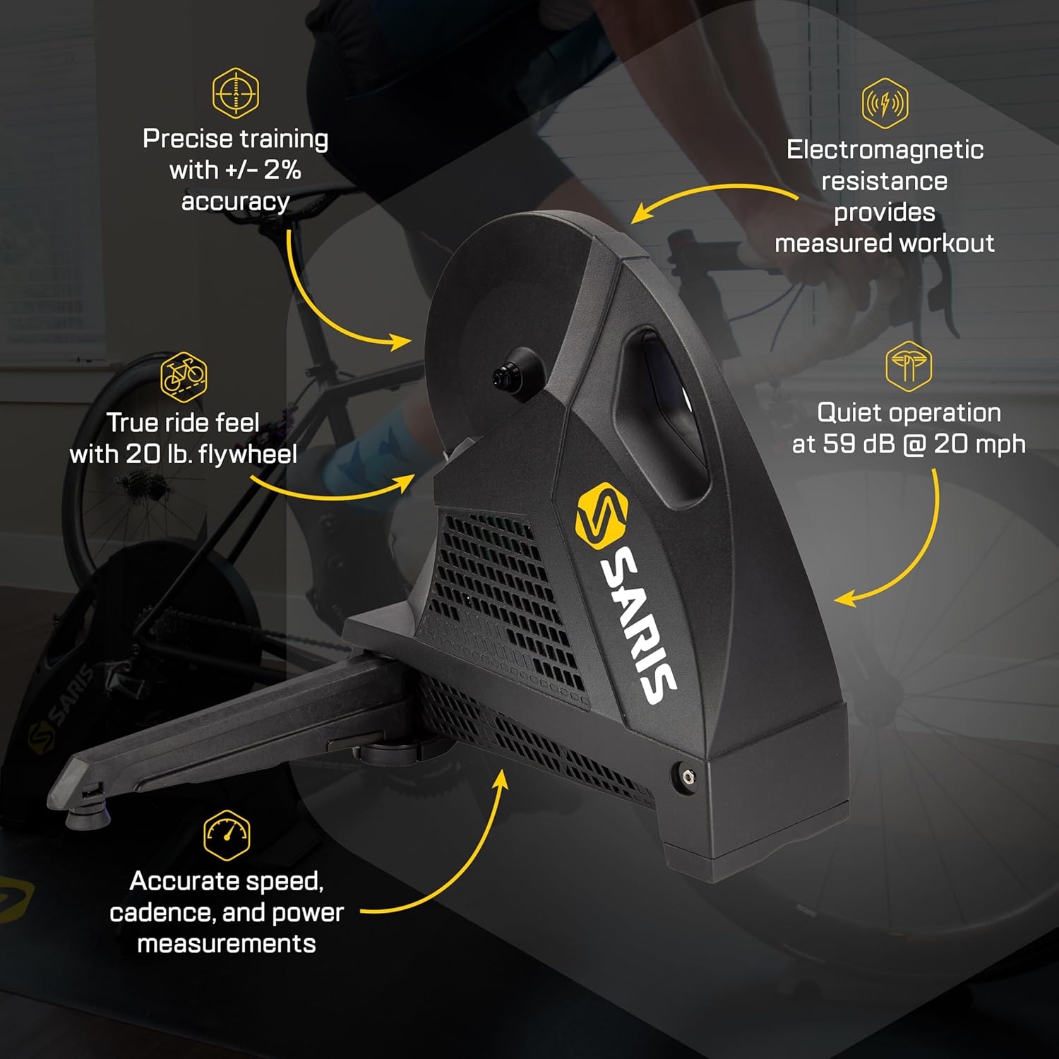 Saris - H3 Series Smart Indoor Bike Trainer, Quietest Ever at 59 dB, Compatible with 12-Speed Drivetrains, Includes Virtual Training App Subscription