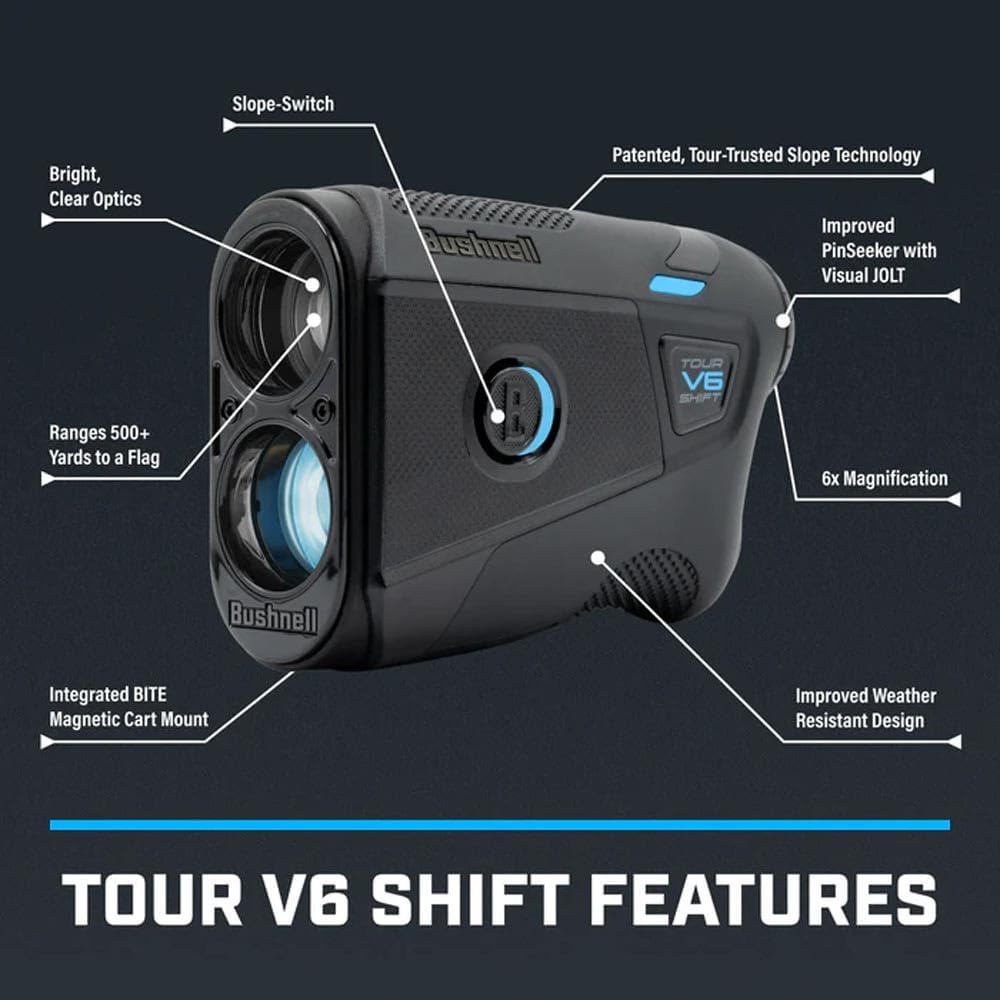 Bushnell Golf Tour V6 Shift Laser Rangefinder | Slope Compensation, PinSeeker, Magnetic Mount, 6X Magnification, 1300 Yard Range