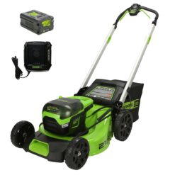 Greenworks 60V 21” Cordless (Push) Lawn Mower (LED Lights + Aluminum Handles), 5.0Ah Battery and Rapid Charger