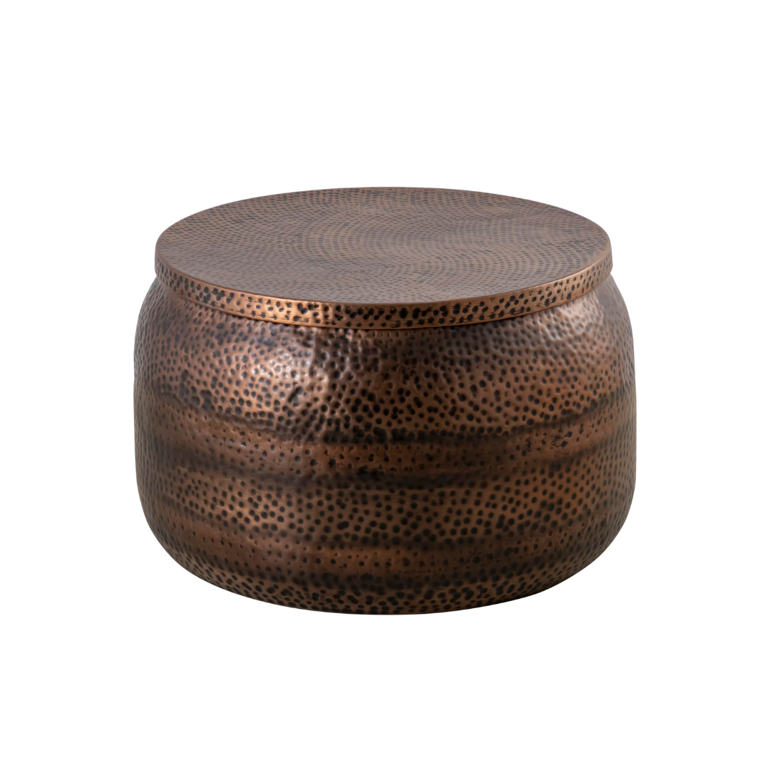 Modern Round Aluminum Hammered Embossed Texturing, Metal Drum Coffee Table with Removable Lid for Storage, Copper
