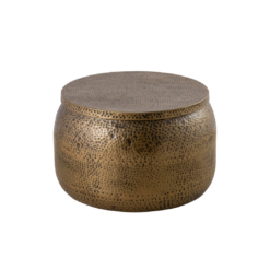 Modern Round Aluminum Hammered Embossed Texturing, Metal Drum Coffee Table with Removable Lid for Storage, Brass