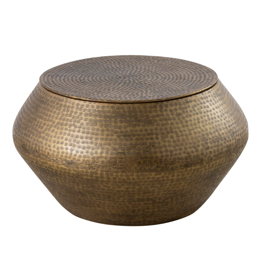 Modern Cylindrical Aluminum Hammered Embossed Texturing, Metal Drum Coffee Table with Removable Lid for Storage, Brass