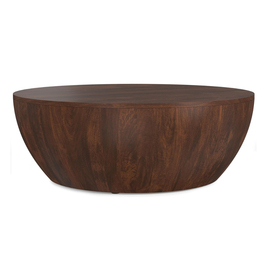 SIMPLIHOME Elmbrook Drum Coffee Table, 34 inch, Walnut Brown