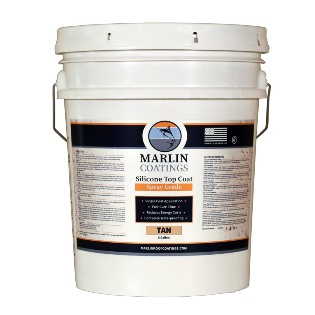 Marlin Coatings Silicone Roof Sealant - Self Leveling - Complete Waterproofing - Easy One Coat Application (5 Gallon, Tan)