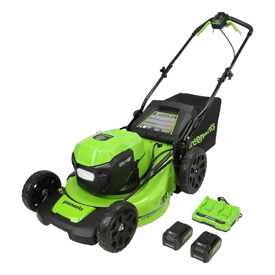 Greenworks 48V (2 x 24V) 21" Brushless Cordless (Self-Propelled) Lawn Mower (LED Headlight), (2) 5.0Ah Batteries and Dual Port Rapid Charger Included