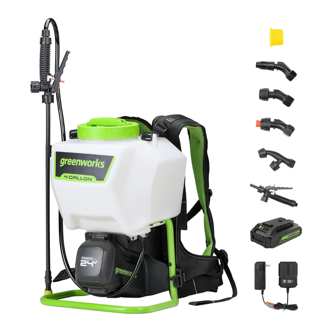 Greenworks 24V 4 Gallon Battery Powered Backpack Sprayer, 2.0Ah Battery and Charger Included