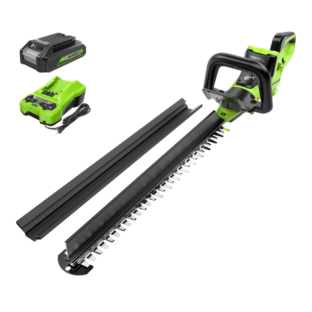 Greenworks 24V 24in Brushless Hedge Trimmer, (1) 2.0Ah Battery & 2A Port Charger