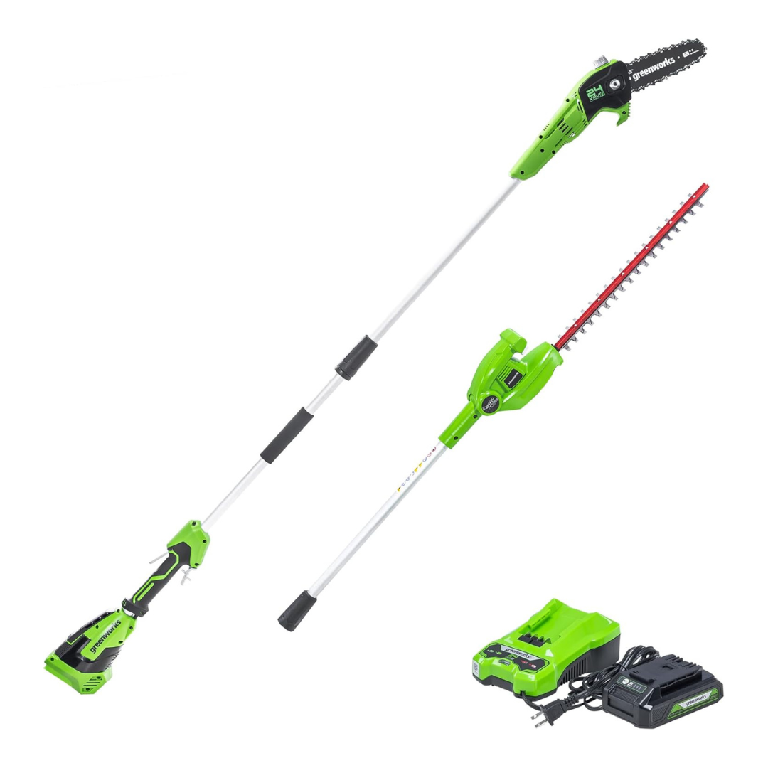 Greenworks 24V 8" Cordless Polesaw + 20" Pole Hedge Trimmer Combo, 2.0Ah Battery and Charger Included