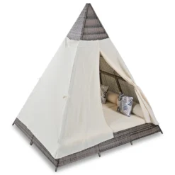 Harper & Bright Designs Outdoor Sunbed with Canopy, Tent Shape Wicker Patio Daybed, Brown and Beige