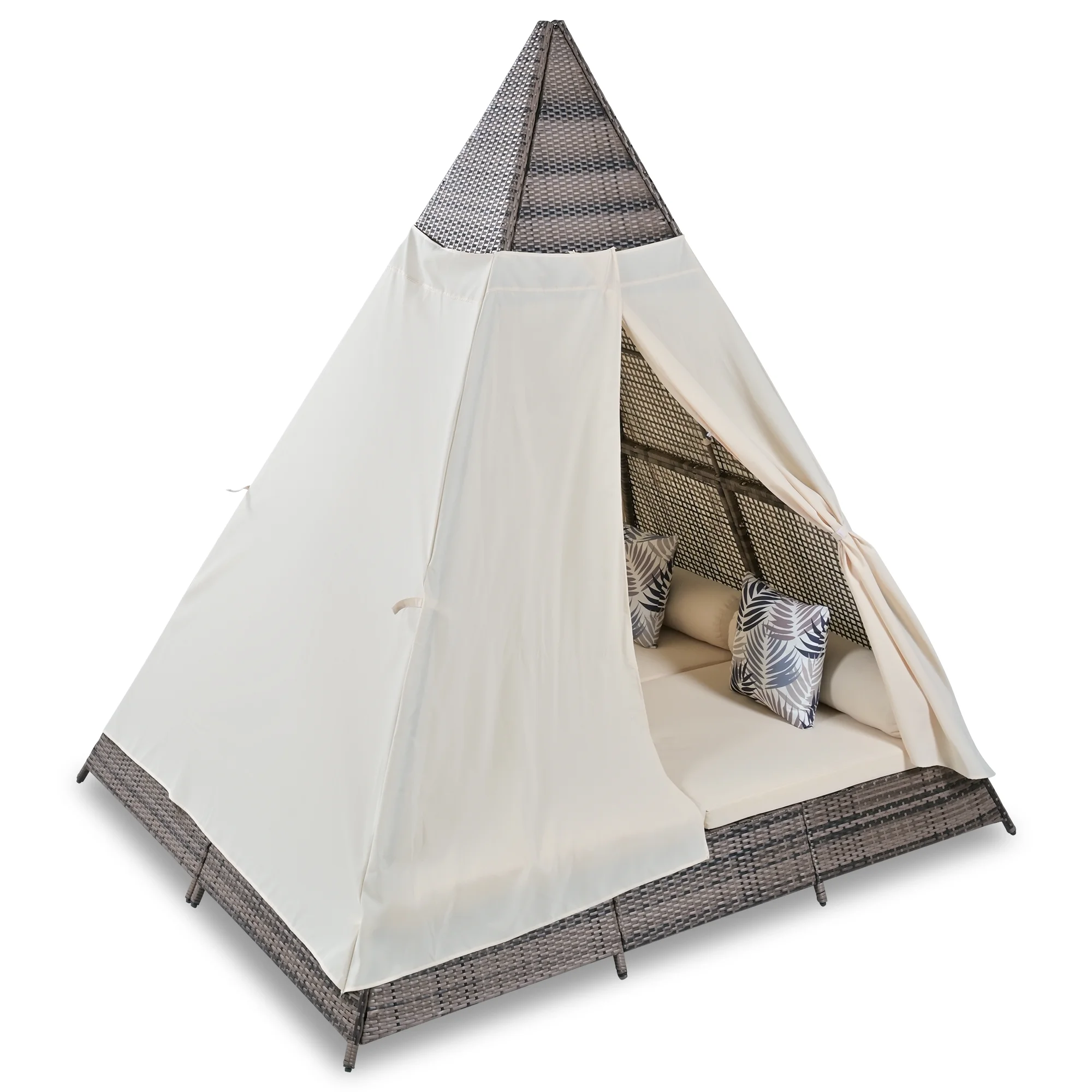 Harper & Bright Designs Outdoor Sunbed with Canopy, Tent Shape Wicker Patio Daybed, Brown and Beige