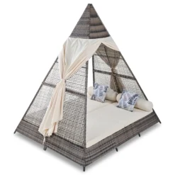 Harper & Bright Designs Outdoor Sunbed with Canopy, Tent Shape Wicker Patio Daybed, Brown and Beige