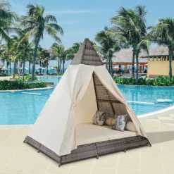Harper & Bright Designs Outdoor Sunbed with Canopy, Tent Shape Wicker Patio Daybed, Brown and Beige
