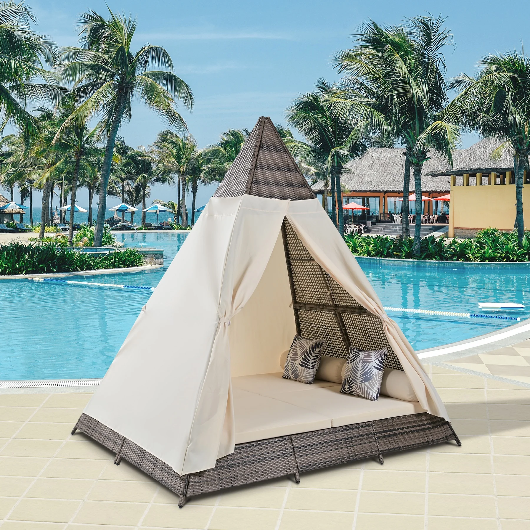Harper & Bright Designs Outdoor Sunbed with Canopy, Tent Shape Wicker Patio Daybed, Brown and Beige