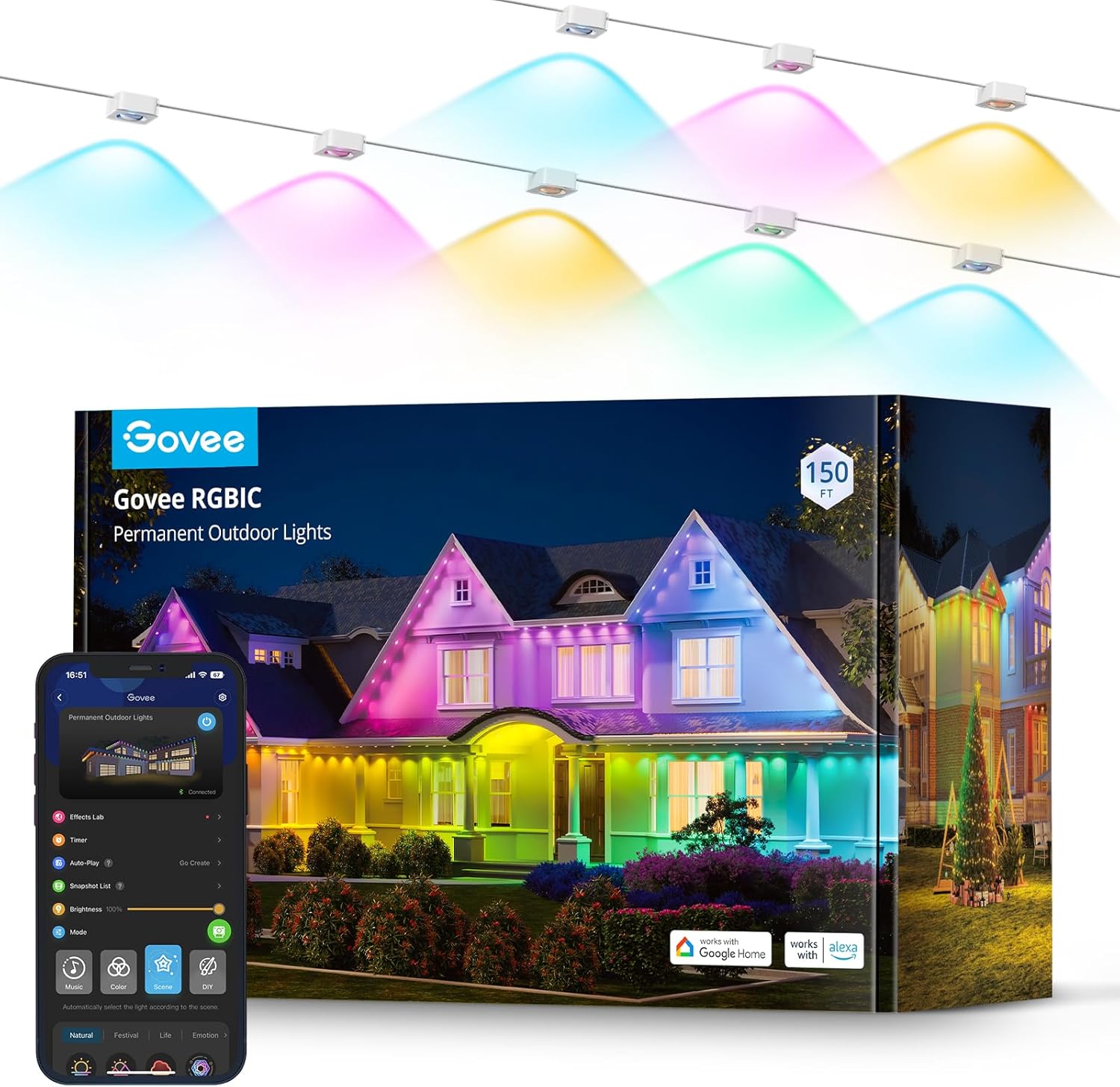 Govee Permanent Outdoor Lights, Smart RGBIC Outdoor Lights with 75 Scene Modes, 150ft with 108 LED Lights, IP67 Waterproof, White