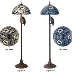 Bieye L10882 Ravens Sitting on Bare Tree Branch Against Full Moon Tiffany Style Stained Glass Floor Lamp, 4-Light, 65 inches Tall (Dark Blue)