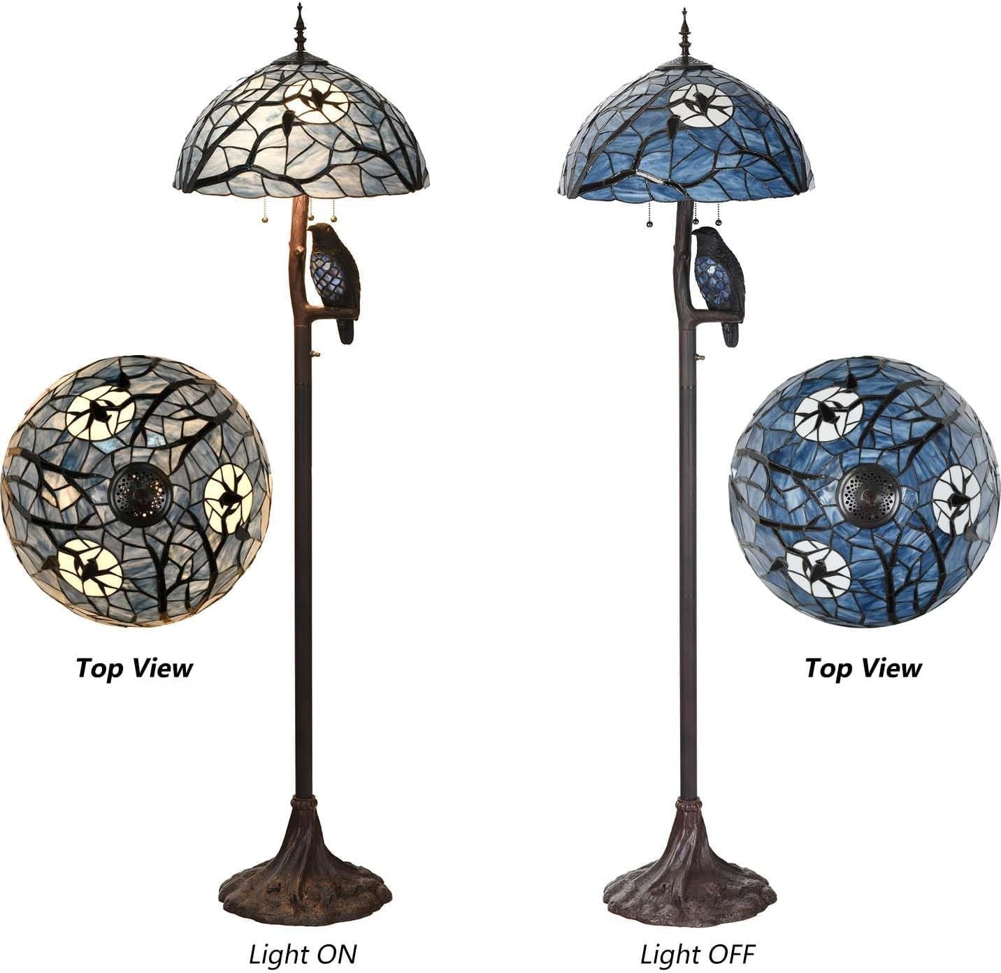 Bieye L10882 Ravens Sitting on Bare Tree Branch Against Full Moon Tiffany Style Stained Glass Floor Lamp, 4-Light, 65 inches Tall (Dark Blue)