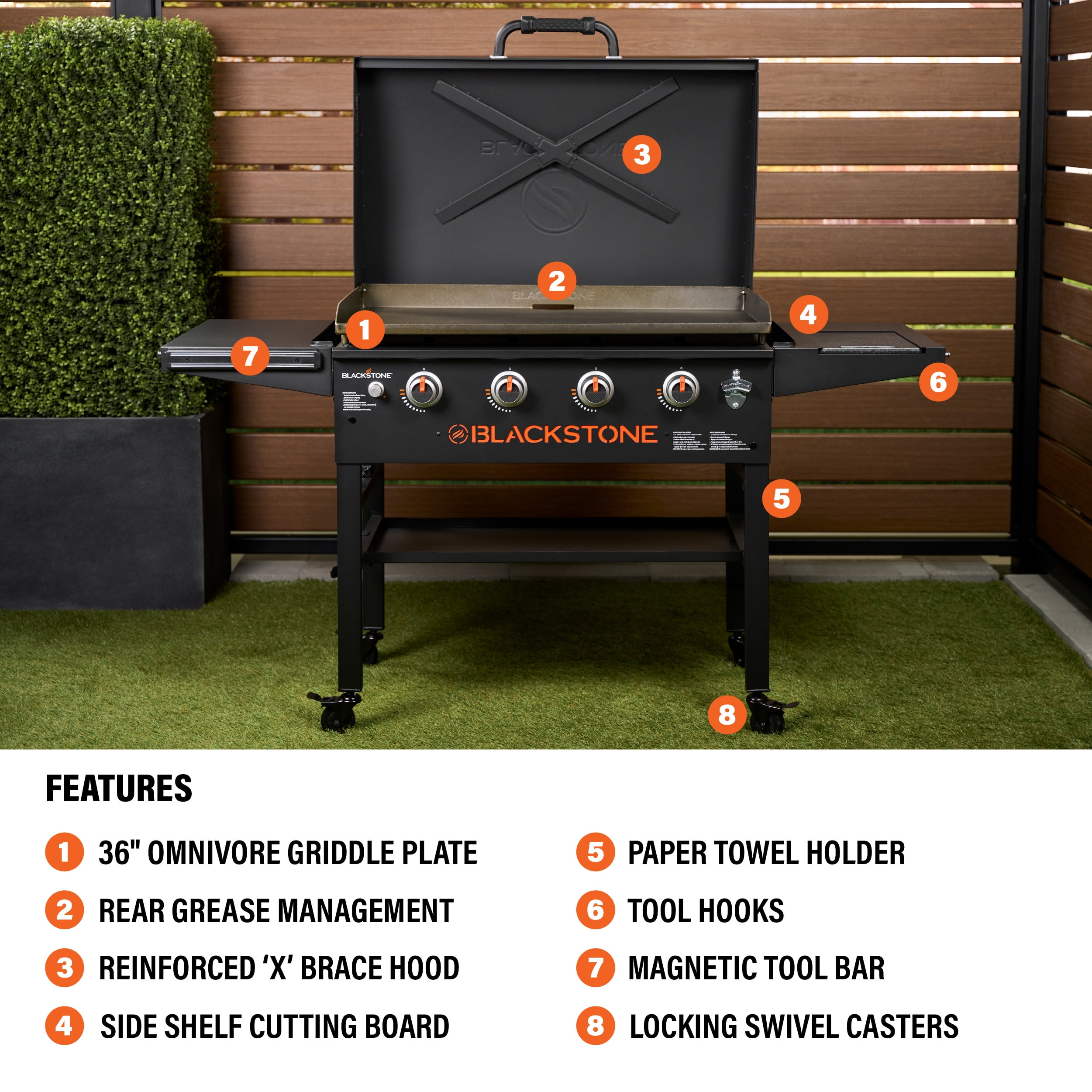 Blackstone Original 4-Burner 36" Natural Gas Omnivore Outdoor Griddle with Hood and Folding Side Shelves