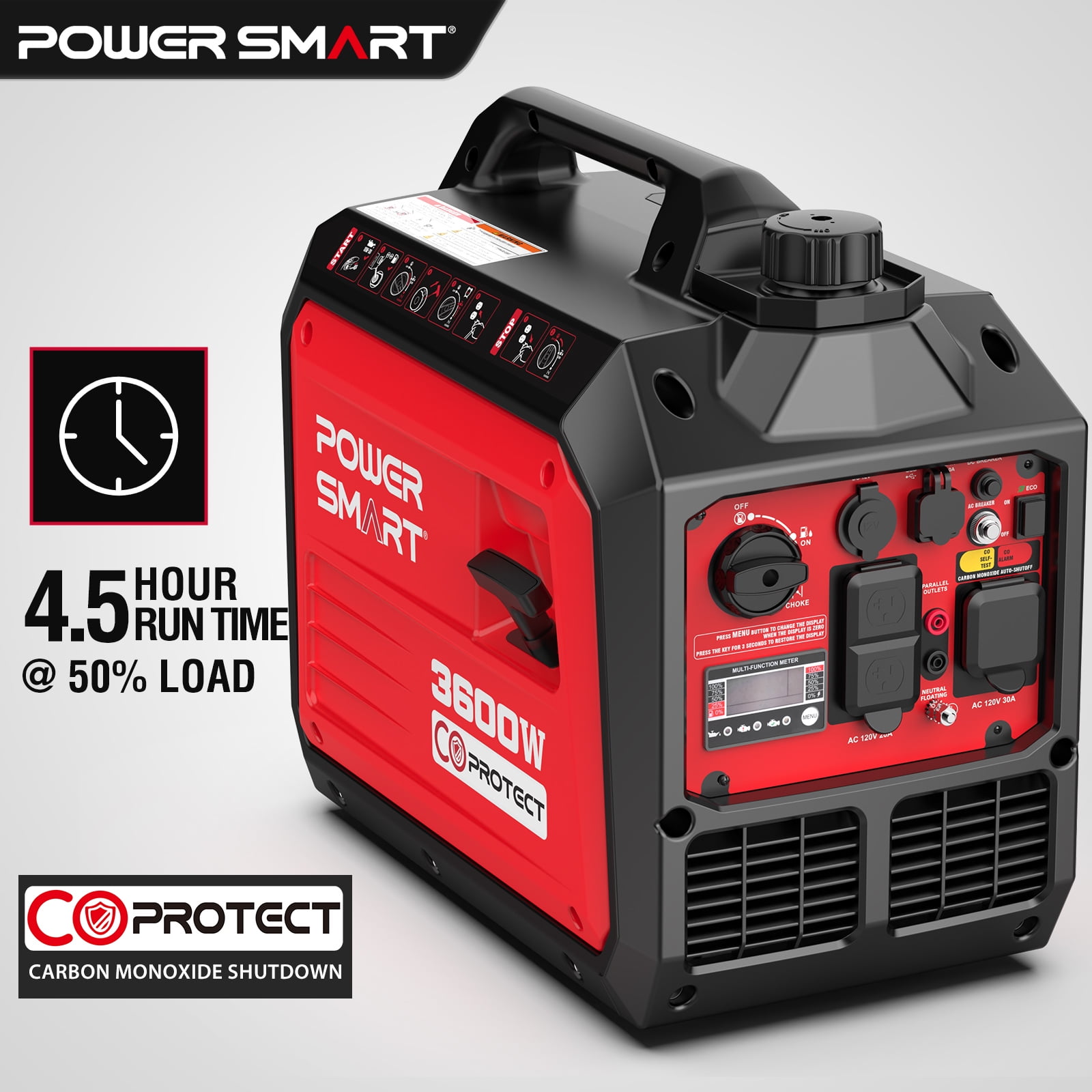 PowerSmart Portable Gas Powered Generator 3600W, CO Detect USB Output, Low Noise for Camping & Home