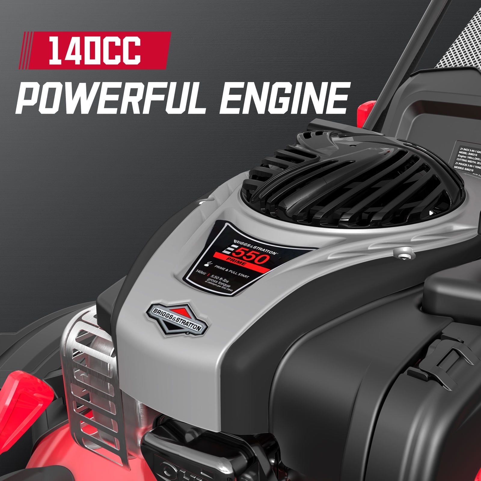 PowerSmart 140CC Briggs & Stratton Engine Gas Push Lawn Mower, 21 inches Cutting Blade, 6-Position Height Adjustment