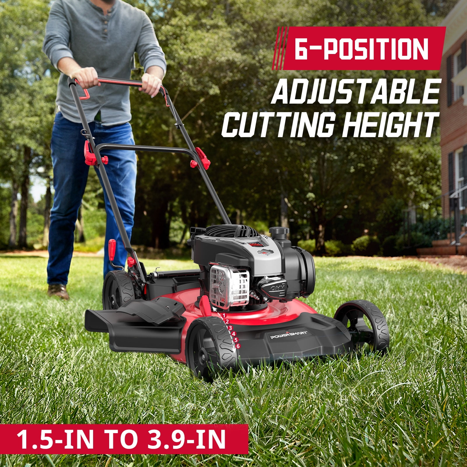 PowerSmart 140CC Briggs & Stratton Engine Gas Push Lawn Mower, 21 inches Cutting Blade, 6-Position Height Adjustment