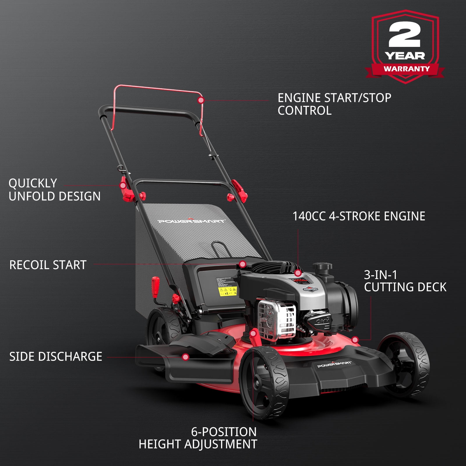 PowerSmart 140CC Briggs & Stratton Engine Gas Push Lawn Mower, 21 inches Cutting Blade, 6-Position Height Adjustment
