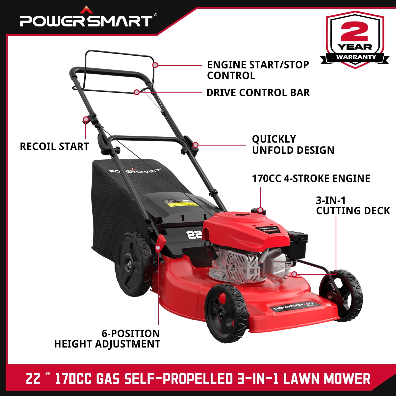 Power Smart 170CC 22" 3-in-1 Gas Self-Propelled Lawn Mower with 6-Position Height Adjustment